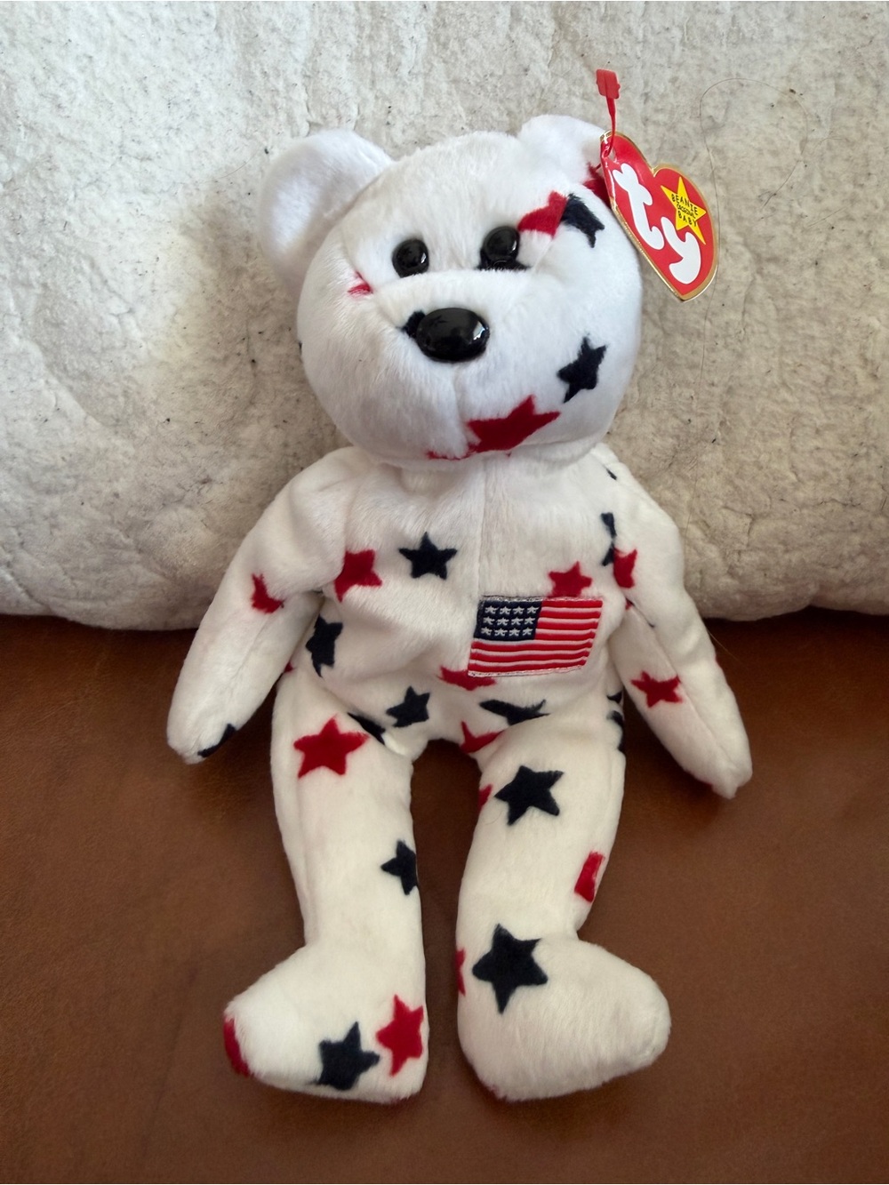 Ty NWT Glory Beanie Baby Star-Spangled Bear - White with Red & Blue Stars